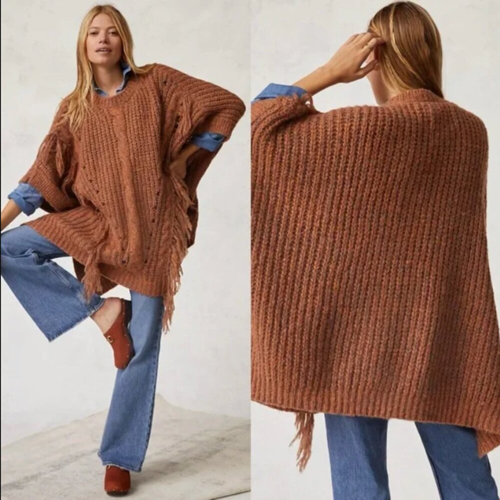 NWT {Anthropologie} Marled Chunky Knit Fringe Oversized Poncho Bronze - One Size